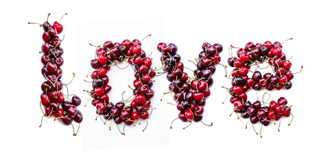 Poster - Love - a sweet inscription from the berries of ripe cherries in English. Isolate on a white background, ready-made inscription for design and layout. Great gift and tasty treat