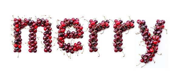 Poster - Sweet cherry - a sweet inscription from the berries of ripe cherries in English. Isolate on a white background, ready-made inscription for design and layout. Great gift and tasty treat