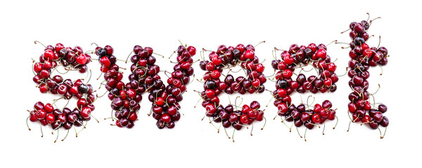 Poster - Sweet - a sweet inscription from the berries of ripe cherries in English. Isolate on a white background, ready-made inscription for design and layout. Great gift and tasty treat