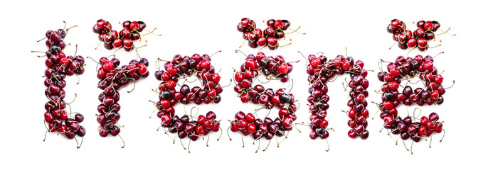 Poster - Sweet cherry - a sweet inscription from the berries of ripe cherries in Czech: tresne. Isolate on a white background, ready-made inscription for design and layout. Great gift and tasty treat