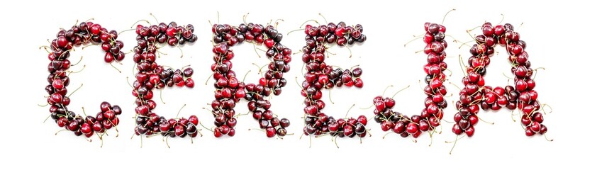 Poster - Sweet cherry - a sweet inscription from the berries of ripe cherries in Portuguese cereja. Isolate on a white background, ready-made inscription for design and layout. Great gift and tasty treat