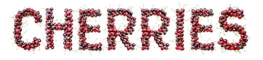 Poster - Cherry - a sweet inscription from the berries of ripe cherries in English. Isolate on a white background, ready-made inscription for design and layout. Great gift and tasty treat
