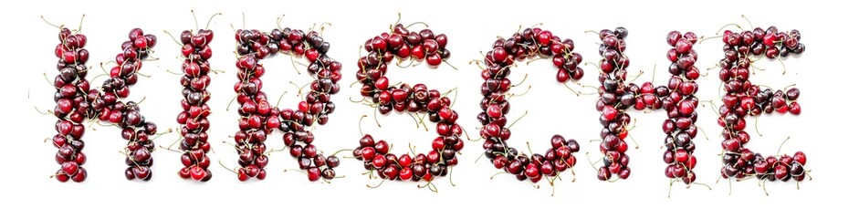 Poster - Sweet cherry - a sweet inscription from the berries of ripe cherries in German kirsche. Isolate on a white background, ready-made inscription for design and layout. Great gift and tasty treat