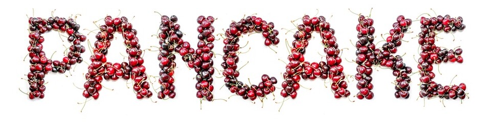 Poster - Pancake - a sweet inscription from the berries of ripe cherries in English. Isolate on a white background, ready-made inscription for design and layout. Great gift and tasty treat