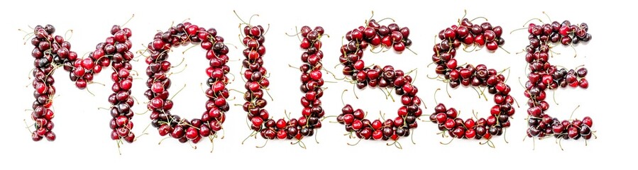 Poster - Mousse - a sweet inscription from the berries of ripe cherries in English. Isolate on a white background, ready-made inscription for design and layout. Great gift and tasty treat