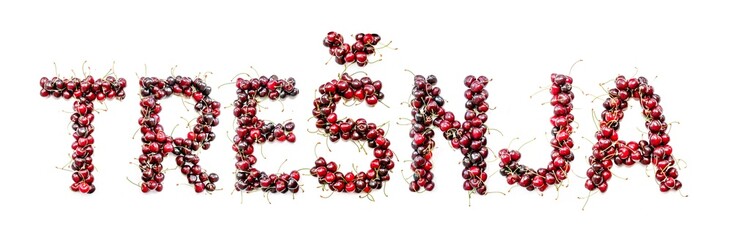 Poster - Sweet cherry - a sweet inscription from the berries of ripe cherries in Slovenian - tresnja. Isolate on a white background, ready-made inscription for design and layout. Great gift and tasty treat