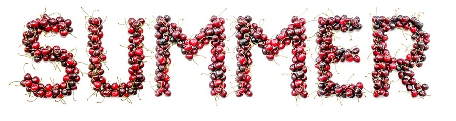 Poster - Summer- a sweet inscription from the berries of ripe cherries in English. Isolate on a white background, ready-made inscription for design and layout. Great gift and tasty treat