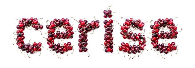 Poster - Sweet cherry - a sweet inscription from the berries of ripe cherries in French Cerise. Isolate on a white background, ready-made inscription for design and layout. Great gift and tasty treat