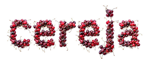 Poster - Sweet cherry - a sweet inscription from the berries of ripe cherries in Portuguese cereja. Isolate on a white background, ready-made inscription for design and layout. Great gift and tasty treat