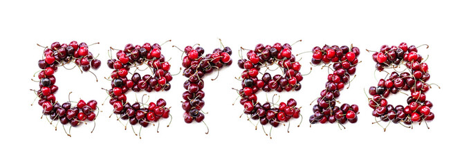 Poster - Sweet cherry - a sweet inscription from the berries of ripe cherries in Spanich cereza. Isolate on a white background, ready-made inscription for design and layout. Great gift and tasty treat