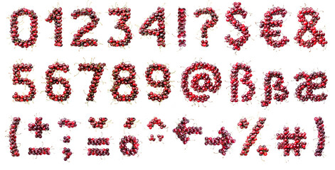 Poster - Cherry alphabet. Real berries in the form of letters, numbers and signs. Set for the designer to type any text. Special signs.