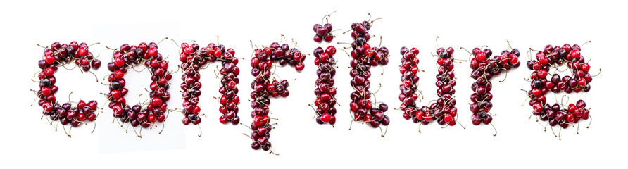 Poster - Confiture - a sweet inscription from the berries of ripe cherries in English. Isolate on a white background, ready-made inscription for design and layout. Great gift and tasty treat