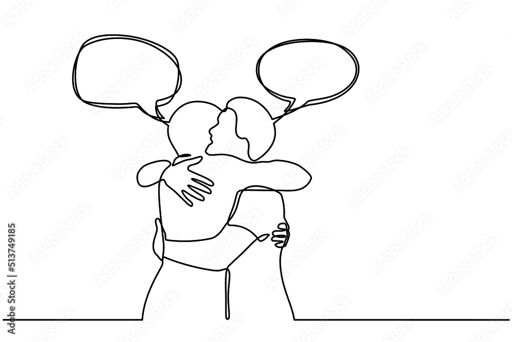 Continuous one line drawing of a man hugging. Two men hug each other ...