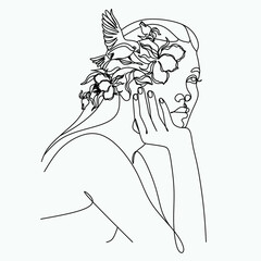 Wall Mural - Abstract face with flowers one line vector drawing. Woman with bird. Minimal style portrait. Botanical print. Cosmetics nature symbol. Modern continuous line art. Fashionable print. Beaty salon logo.