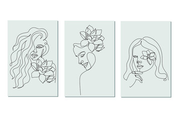 Woman face with flowers Line art Set of 3 prints posters.  Elegant Feminine Beauty Logo. Abstract face with plants one line drawing. Portrait minimalistic style. Botanical print. Symbol of cosmetics. 