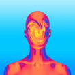 Abstract concept illustration from 3D rendering of messy face female bust figure in vaporwave style color palette and isolated on blue background.