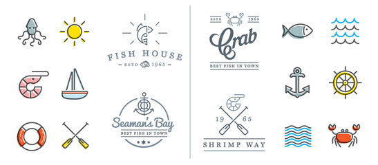 Wall Mural - Set of Vector Sea Food Elements and Sea Signs Illustration can be used as Logo or Icon in premium quality