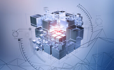 Poster - Blockchain and World Internet. Global digital technology. 3D illustration of a cube and an array of data. Calculations and analytics of business risks