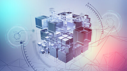 Aufkleber - Blockchain and World Internet. Global digital technology. 3D illustration of a cube and an array of data. Calculations and analytics of business risks