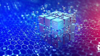 Poster - Blockchain and World Internet. Global digital technology. 3D illustration of a cube and an array of data. Calculations and analytics of business risks