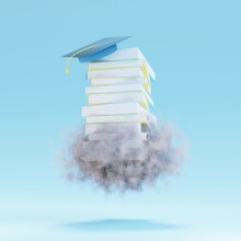 Stack Of Books With Graduation Cup Into Cloud On Blue Background. 3d Render