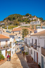 View Of Whitewashed Houses And Mountains In Background, Frigiliana, Malaga Province, Andalucia