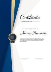 Wall Mural - Modern elegant blue and gold certificate of achievement template with gold badge and border. Designed for diploma, award, business, university, school, and corporate.