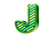 Bright And Shiny Letter J In Shades Of Green And Yellow. Colorful Casino Style Designed 3D Font. High Quality 3D Rendering.