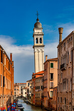 The Distinctive Leaning Bell Tower Of The Church Of San Giorgio Dei Greci, Rio Dei Greci, Venice, UNESCO World Heritage Site, Veneto, Italy
