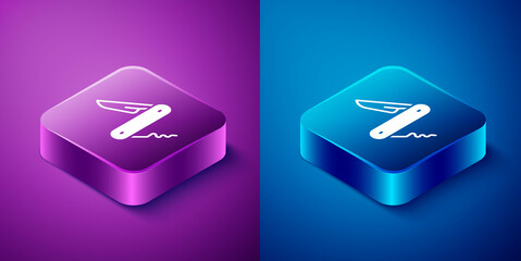 Sticker - Isometric Swiss army knife icon isolated on blue and purple background. Multi-tool, multipurpose penknife. Multifunctional tool. Square button. Vector