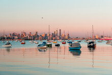 View Of City Of Melbourne From Williamstown Port Through Sail Boats, Williamstown, Victoria, Australia, Pacific