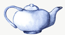 Watercolor Illustration Blue Teapot Japanese Crockery.ceramics.