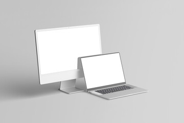 Fototapete - monitor and laptop blank mockup grey background