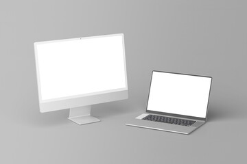 Fototapete - monitor and laptop blank mockup grey background