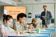 © Seventyfour - Side view at diverse group of children sitting in row and taking test in school classroom with teacher in background