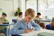 © Seventyfour - Portrait of blonde schoolboy writing in notebook during school class with children in background