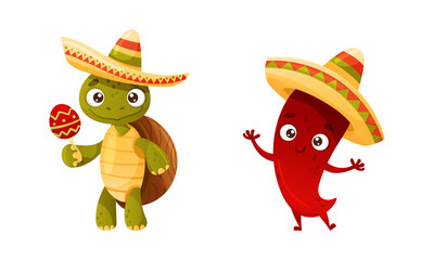 Wall Mural - Green Turtle and Chilli Pepper in Sombrero Hat Playing Maraca as Mexican Culture Symbols Vector Set