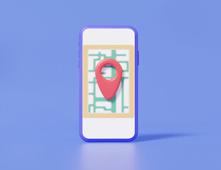 Fototapete - Minimal cartoon pin pointer and map location search GPS on mobile phone, travel navigation concept. paper map, website on purple background. 3d render. illustration