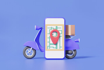 Fototapete - Map location search GPS on mobile phone, Navigation online delivery parcels box concept. Minimal cartoon pin pointer motorcycle scooter shipping on purple background. 3d render illustration