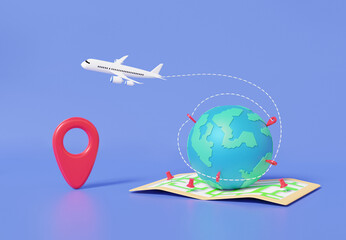 Poster - Tourism airplane trip planning worldwide tour with mark map pin earth location on purple background. travel leisure touring holiday summer concept. Cartoon minimal. 3d rendering illustration