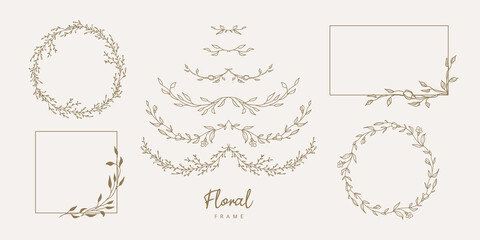 Wall Mural - Hand drawn floral frames and divider with flowers and leaves.Elegant logo template.Vector illustration vintage decorative elements for label,branding business identity,wedding invitation,greeting card