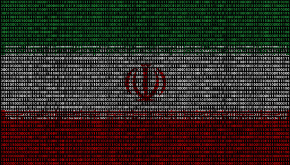 Iran flag superimposed on duplicate computer code that permeates each other. The matrix-like binary code consists of 0s and 1s and has a vertical position.	