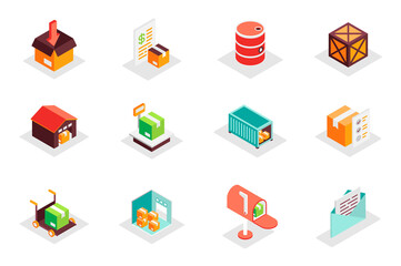 Poster - Logistic concept 3d isometric icons set. Pack isometry elements of delivery, parcel, box, barrel, warehouse, container, shipping, loading, storage and other. Vector illustration for modern web design