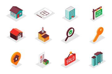 Poster - Real estate concept 3d isometric icons set. Pack isometry elements of house, architect blueprint, rent, garage, search, key, location, skyscraper and other. Vector illustration for modern web design