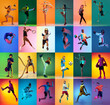 © master1305 - Set of images of different professional sportsmen and kids in action, motion isolated on multicolor background in neon. Collage