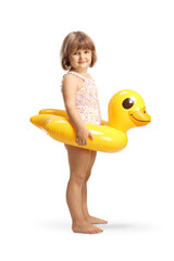 Poster - Little girl in a swimsuit with a rubber duck swimming ring