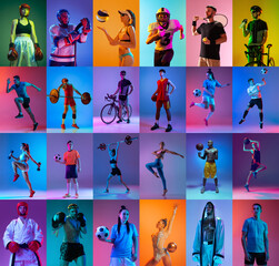 Wall Mural - Collage made of images of different professional sportsmen and kids in action, motion isolated on multicolor background in neon. Collage