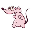 Cute pink mouse sneaks on tiptoe. Shows emotion, who's here, it's not me. Mouse character hand drawn style, sticker, emoji