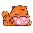 Cute red cat with a cup. Demonstrates emotions, happiness, joy, breakfast. Cat character hand drawn style, sticker, emoji