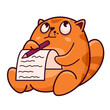 Cute red cat writes a letter. Shows emotion, idea, thought, think. Cat character hand drawn style, sticker, emoji